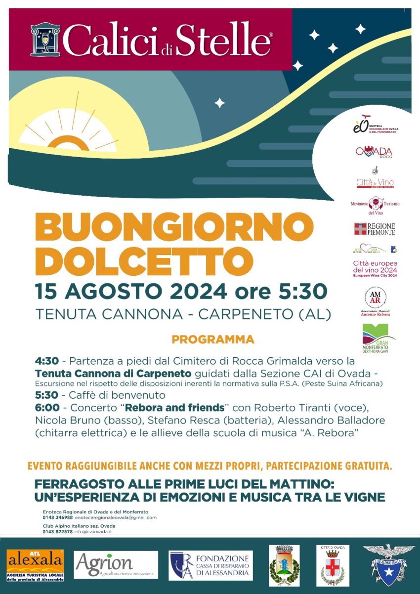Concerto all’alba tra le vigne: 15 agosto ritorna Calici di Stelle con Buongiorno Dolcetto
